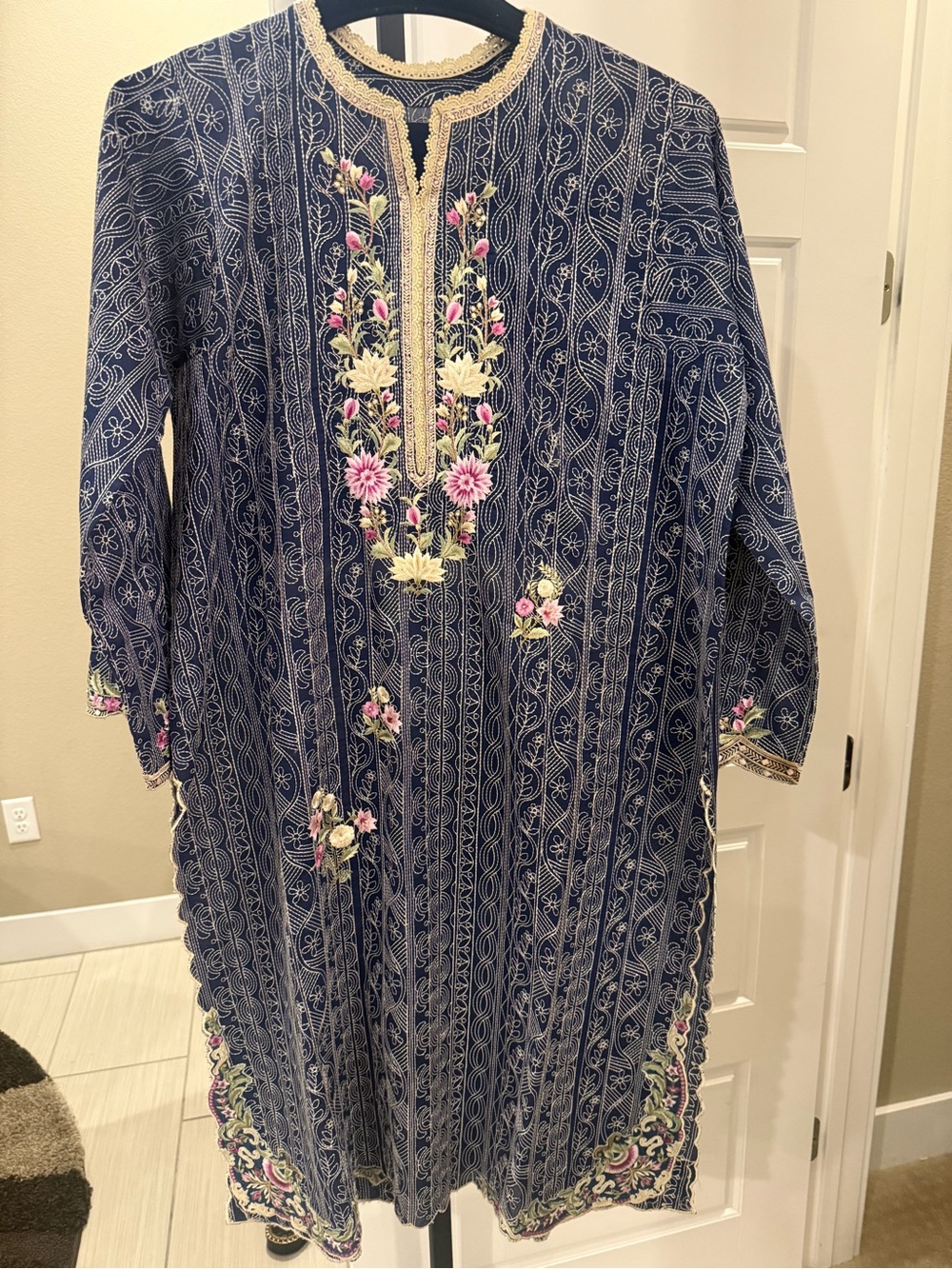 Embroidered Navy Long-Sleeve Women's Dress with Floral Accents